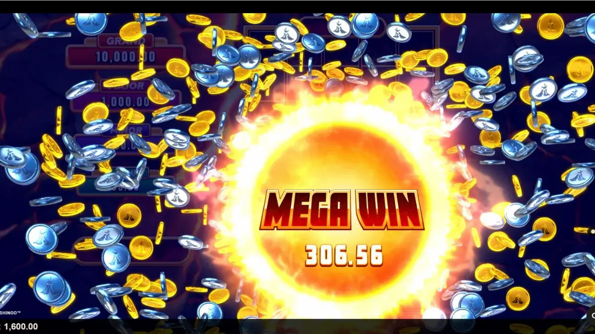 Tampilan visual slot Eruption Blaze Cashingo dengan tema gunung berapi dan grid bingo
